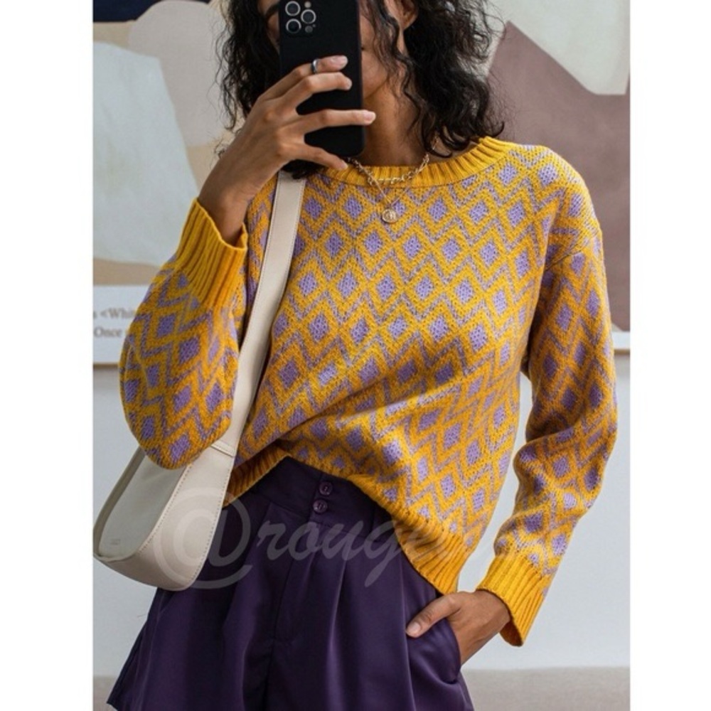 SHEIN Yellow and Purple Geometric Sweater